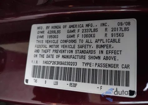 2009 Honda Accord 2.4 Lx z USA, uszkodzony, nr VIN 1HGCP263X9A030203